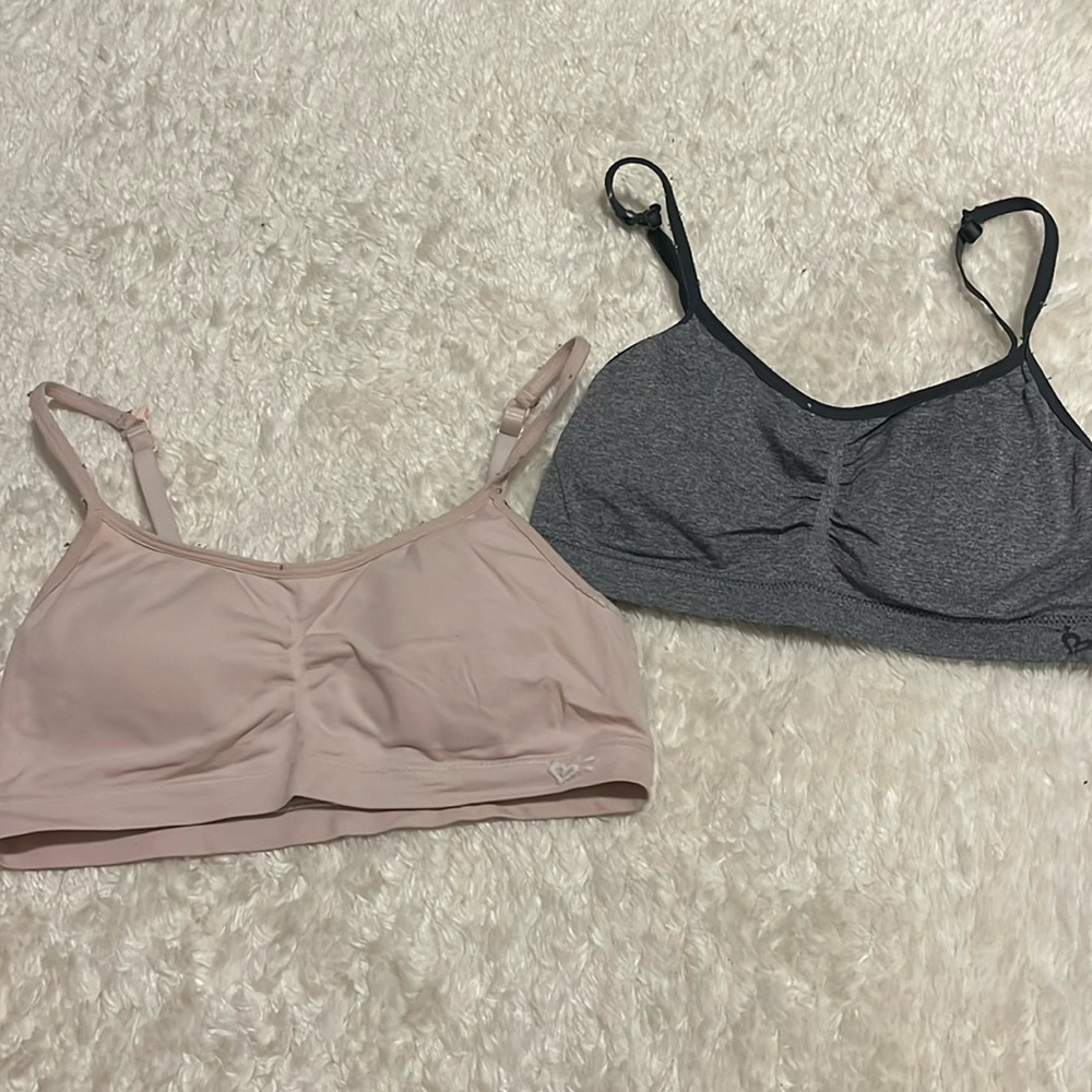 Justice girls pink and gray training bras, with removable pads. Size: 36